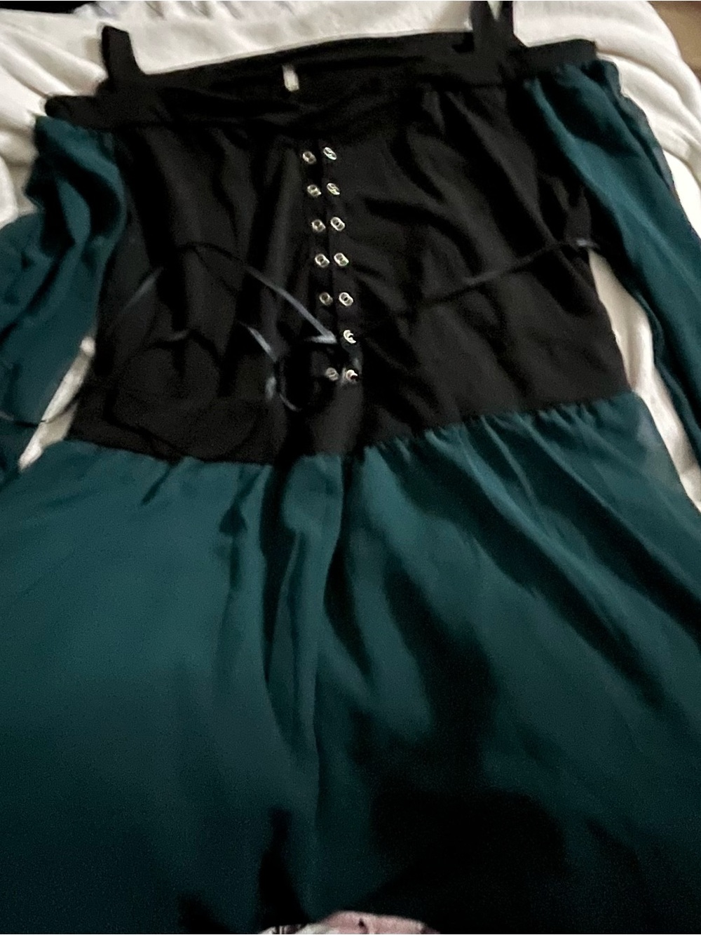 Off-Shoulder Midi Dress with Lace-Up Bodice in Teal and Black